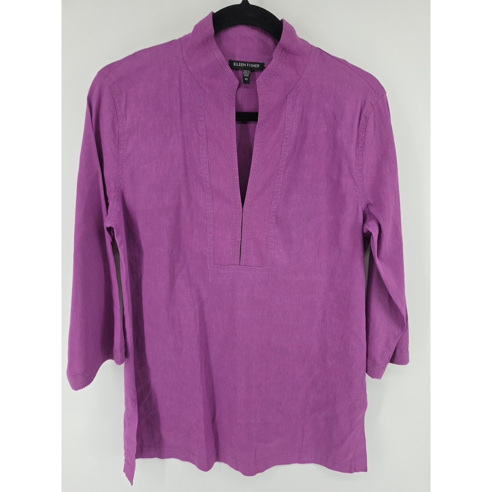 Eileen Fisher Purple Linen Blend V-Neck Mandarin Collar Tunic Top XS